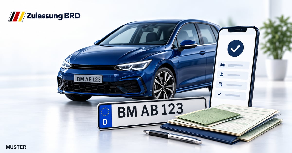 Online Fahrzeugzulassung in Erftstadt: Musterkennzeichen BM AB 123, Auto und Fahrzeugpapiere und Smartphone. Illustration mit Logo von Zulassung BRD.